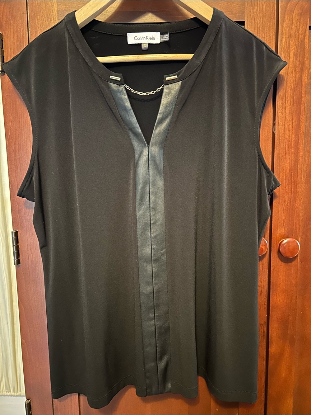Calvin Klein Black Sleeveless V-Neck Top with Chain Detail faux leather